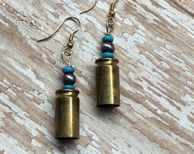 Western Bullet shell reclaimed earrings, turquoise, faux Navajo pearls unique jewelry.