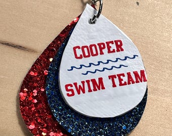 Swim earrings, Swim mom earrings, custom swim earrings, mascot and school team for swim earrings, custom and hand made.