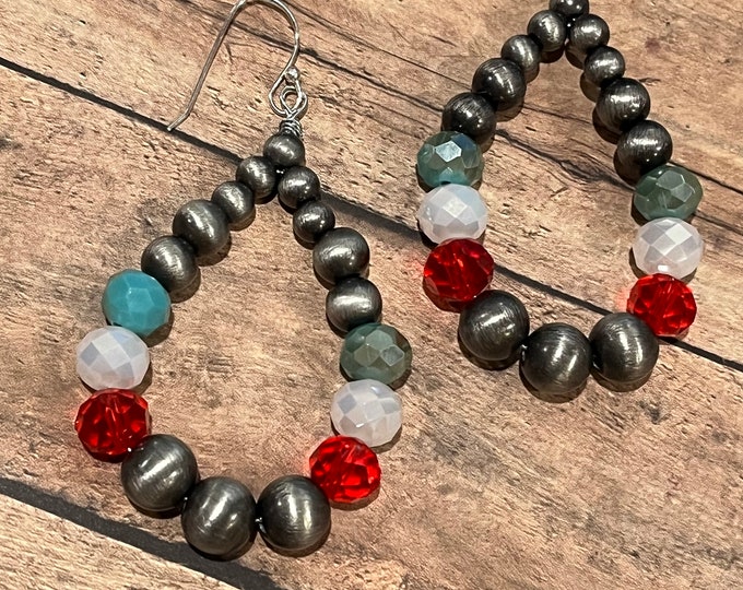 Navajo pearl earrings, faux pearls, red, white, turquoise, loop earrings, southwest, patriotic, turquoise earrings, glass beads, unique