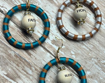 Hoop, large dangle earrings, hope blessed faith bead, ready to ship! inspirational earrings.
