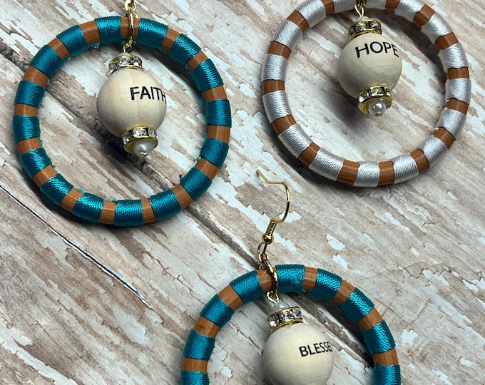 Hoop, large dangle earrings, hope blessed faith bead, ready to ship! inspirational earrings.