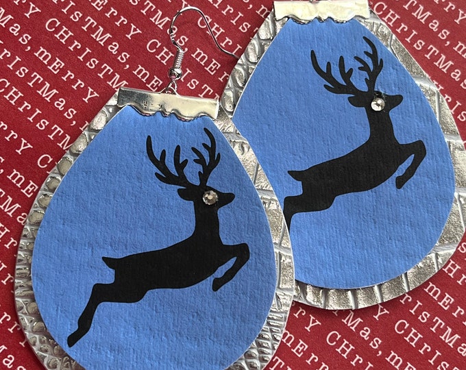 Blue reindeer large earrings, silver and blue reindeer, Christmas earrings, holiday earrings, reindeer, bling eye, teardrops