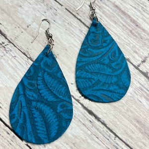 Tooled leather dark teal earrings