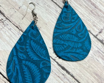 Tooled leather dark teal earrings