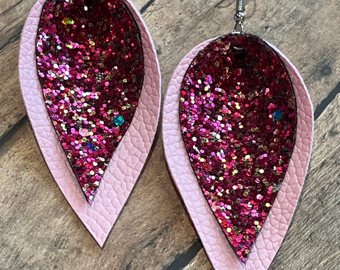Pink on pink glitter pinched earrings, faux leather, glitter fuschia, pale pink, pink boho trendy earrings, pinched style valentines