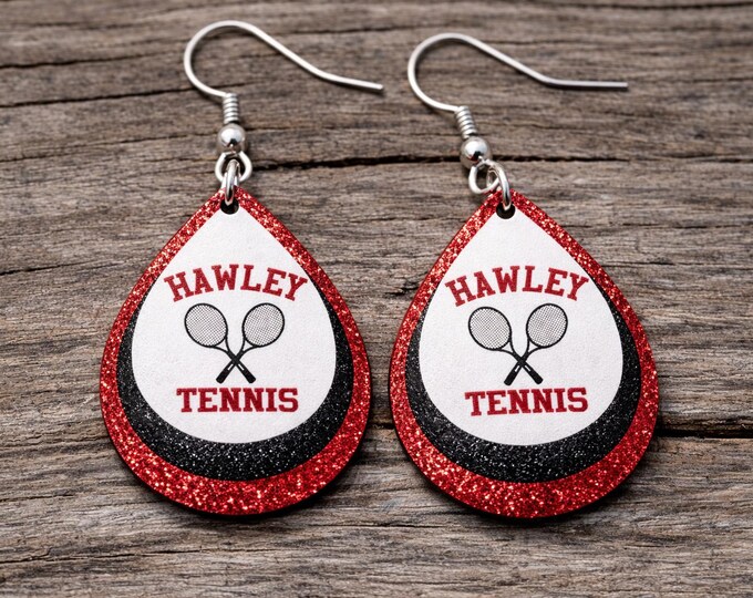 Tennis earrings, custom, personal team tennis earrings, glitter teardrop team earrings, tennis mom