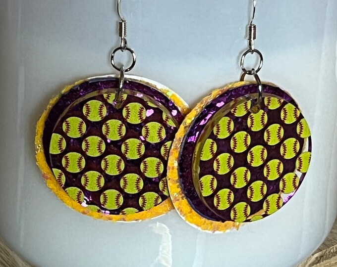 Circle softball earrings, purple and yellow glitter, sports jewelry, softball jewelry