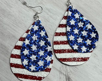 Stars and Stripes teardrop glitter earrings, patriotic earrings, red white blue earrings, July 4th, memorial day