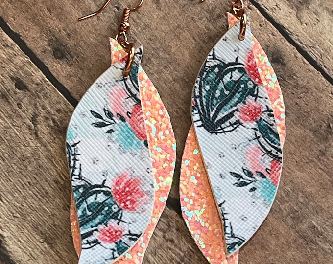 Cactus earrings, layered cactus glitter boho style earrings, ready to ship, layered swirl and teardrop cactus earrings, peach, turquoise.