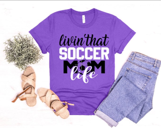 Living that soccer mom life tee, soccer tee, sports tee, soccer mom, soccer life, sports life, sports tee, customizable colors, team colors.