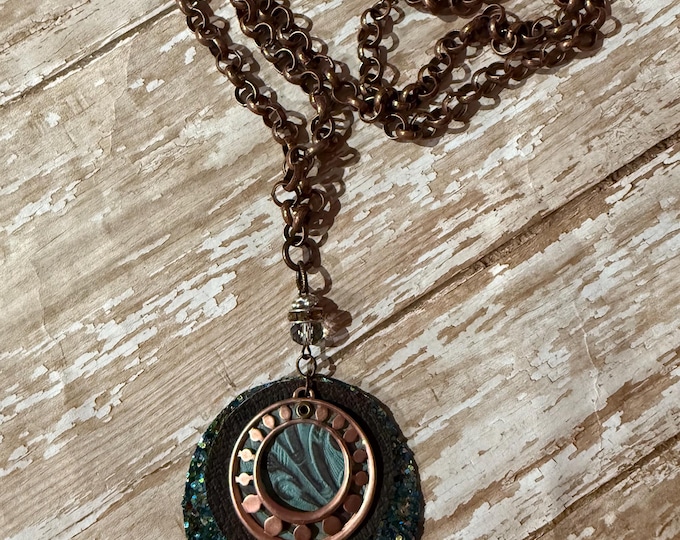 Long copper chain necklace and pendant, unique necklace and pendant.