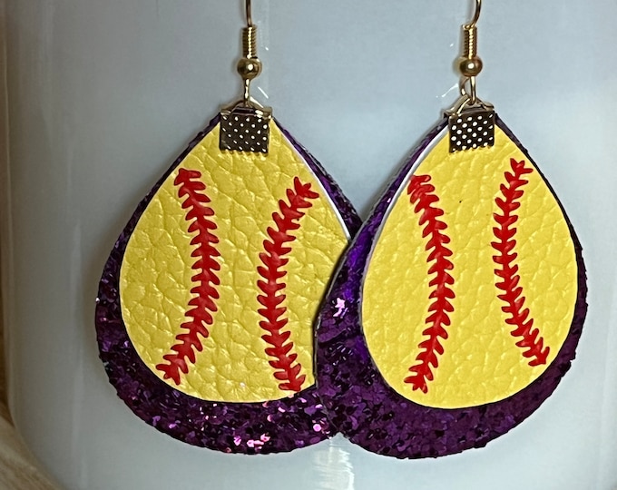 Softball earrings, purple glitter accent, softball, purple earrings