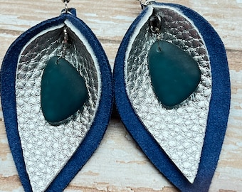 Pinched earrings with dangle center stone, plaid earrings, stone earrings, unique, leather combo with stone, charm, trendy, fauxleather