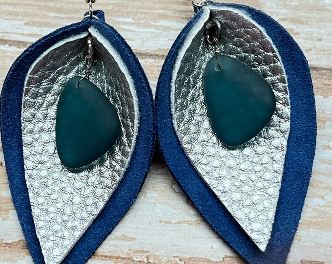 Pinched earrings with dangle center stone, plaid earrings, stone earrings, unique, leather combo with stone, charm, trendy, fauxleather