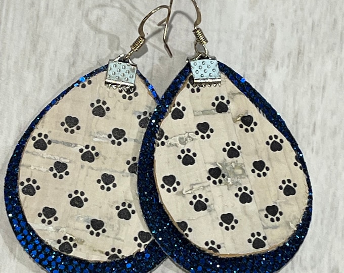 Paw print glitter cork earrings, red glitter, blue glitter earrings
