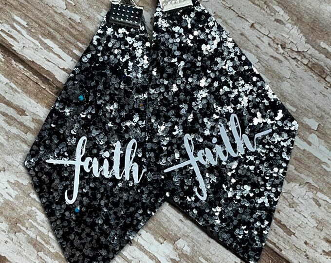 Faith earrings, black silver glitter earrings ,  diamond shaped, ready to ship, Christian, spiritual, faith.