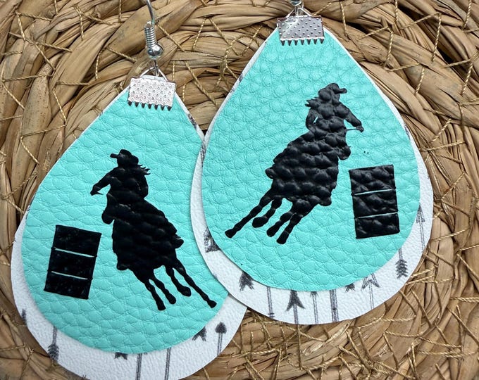 Faux Leather Barrel Racer Earrings, Turquoise Western Cowgirl Jewelry