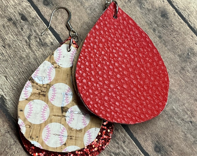 Cork baseball earrings, red glitter, flowy teardrop earrings with glitter, ready to ship, trendy baseball cork earrings.