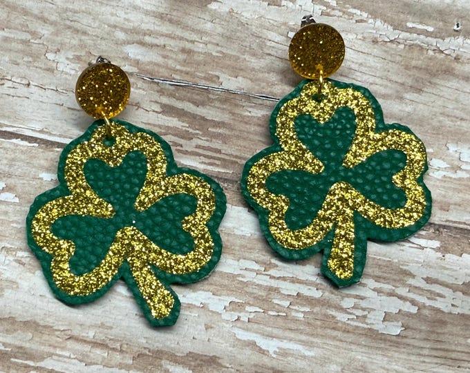 Clover earrings, glitter gold St Patrick’s earrings.