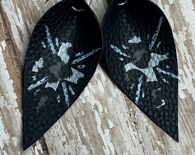 Pinched style earrings black, leopard cross, faux leather, Christian, cross black earrings.