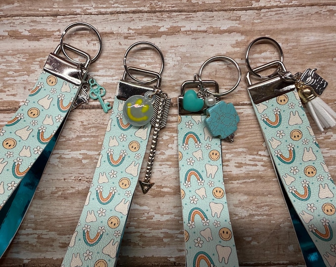 Dental Wristlet Keychain, Boho Rainbow Tooth Faux Leather Accessory