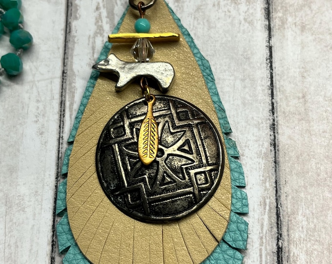 Turquoise breaded necklace with leather layered pendant, southwest style necklace, turquoise beads, leather layered with pendant.