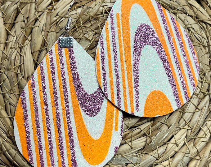 Purple and orange team colored earrings, spirit earrings, glitter, ready to ship.