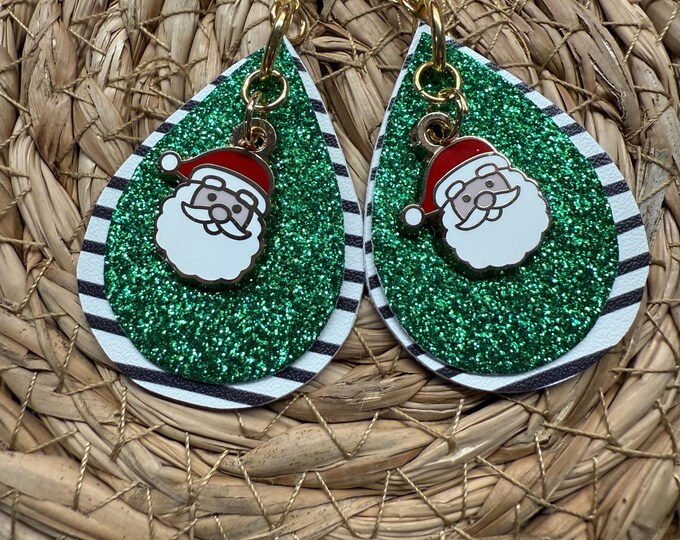 Santa glitter dangle charm earrings. Ready to ship, holiday, Christmas, Santa earrings.