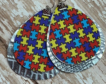 Autism earrings, puzzle earrings, awareness earrings, autism, spectrum earrings, color earrings, awareness, teardrop layered, silver