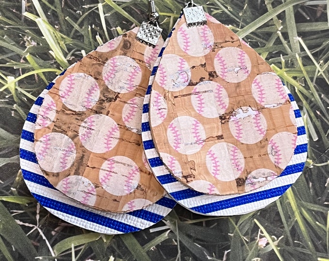 Cork baseball layered teardrop earrings