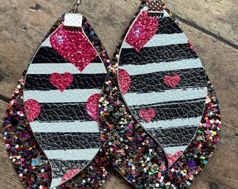 Heart earrings, double layer, glitter, heart, striped earrings