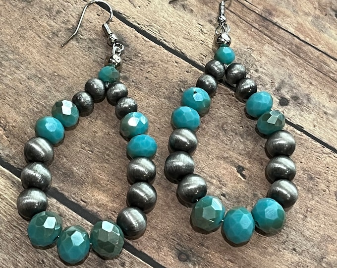 Turquoise and faux Navajo pearls earrings, hoops, Navajo pearls, gold, red beads with  faux pearls.