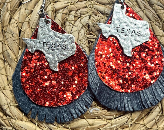 Texas charm earrings with glitter and leather, Texas earrings, leather earrings.
