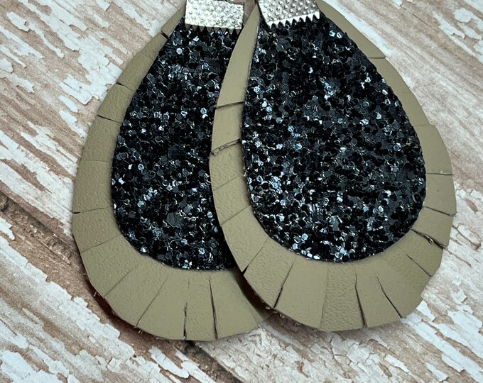 Leather and black glitter earrings, leather teardrop earrings, fringe cut edge, double layer leather and glitter, teardrop, tan and black.