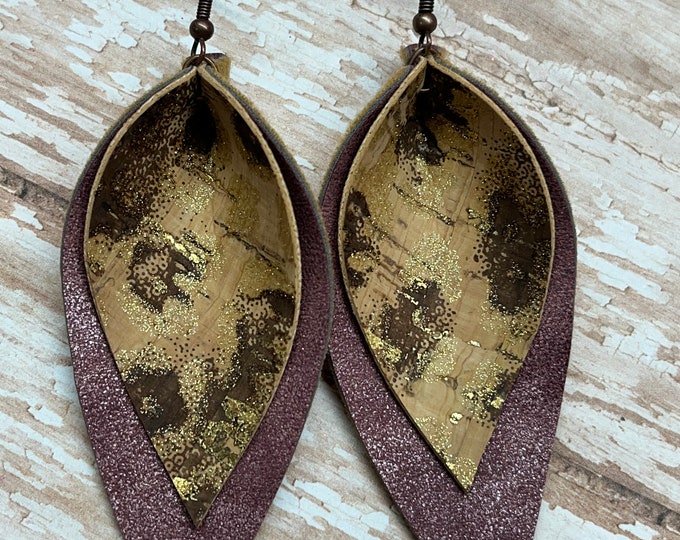 Cork leopard earrings with mauve, cork earrings, leopard leaf earrings