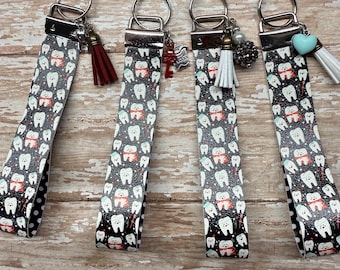 Faux Leather Dental Keyfobs, Tooth Pattern Wristlets, Hygienist Assistant Gift