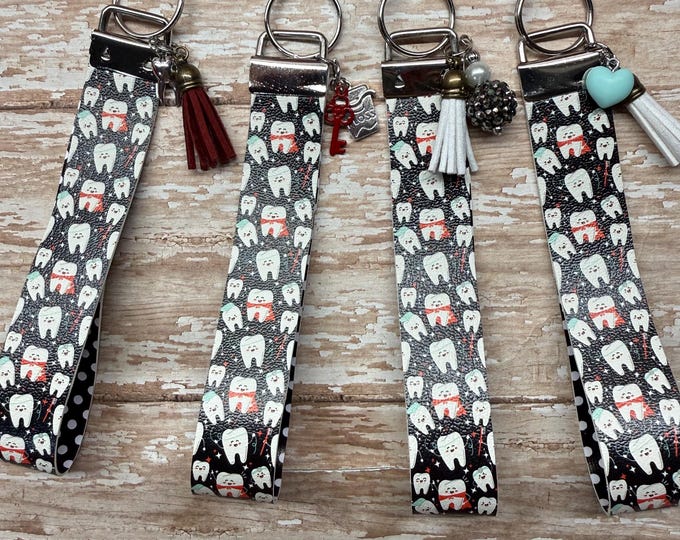 Faux Leather Dental Keyfobs, Tooth Pattern Wristlets, Hygienist Assistant Gift
