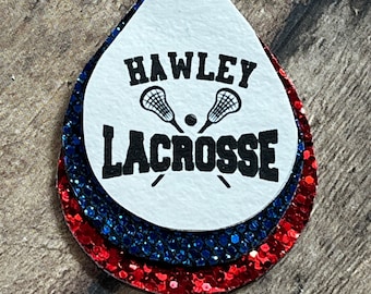 Lacrosse earrings, personalized, customized lacrosse earrings, teardrop, sports jewelry, lacrosse mom, mascot earrings, team color earrings.
