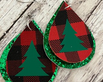 Plaid Christmas earrings customized, plaid earrings with tree, holiday glitter earrings, customized size and color plaid earrings, teardrop