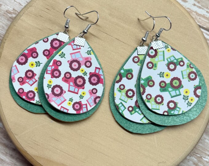Tractor earrings, pink tractor, green tractor earrings, agriculture, tractors, ready to ship.