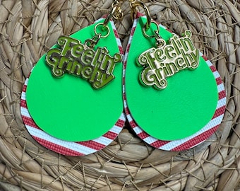Feelin grinchy, grinch charm earrings, stripe earrings, holiday earrings, ready to ship!
