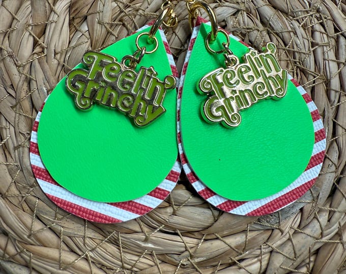 Feelin grinchy, grinch charm earrings, stripe earrings, holiday earrings, ready to ship!