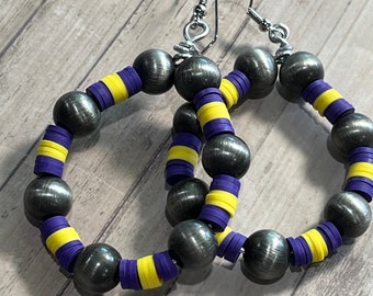 Purple and yellow school spirit earrings, faux Navajo beads, school spirit earrings