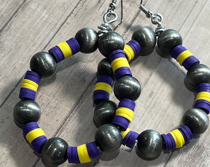 Purple and yellow school spirit earrings, faux Navajo beads, school spirit earrings