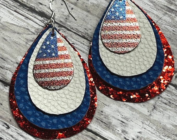 triple layered faux leather patriotic earrings, America earrings, flag earrings red, white, blue, ready to ship, July 4th.