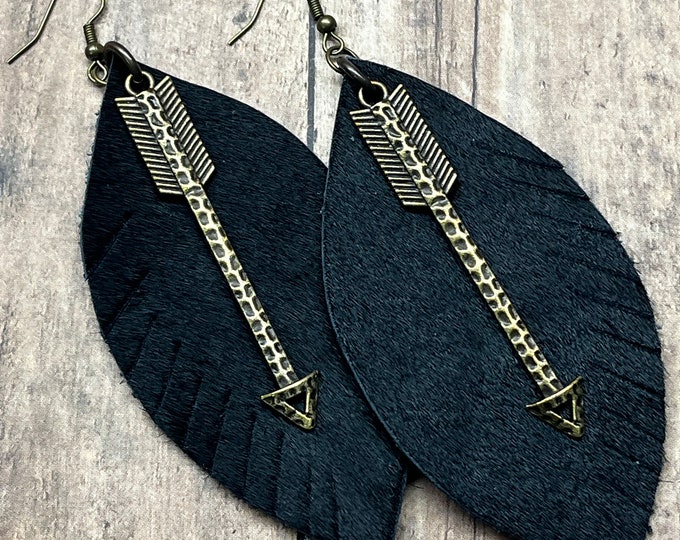 leather hair on hide earrings, charm earrings, arrows, leather black hide earrings, western, boho, cowhide leather hair on earrings.