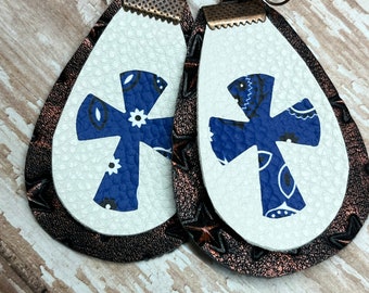 Teardrop cross bandana print earrings, cross earrings, faith earrings, blue cross earrings