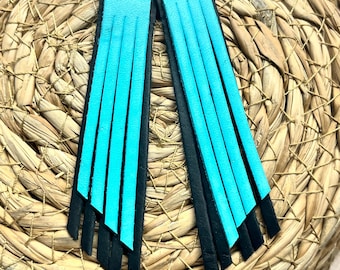 leather fringe earrings, turquoise gold, earrings leather, ready to ship.