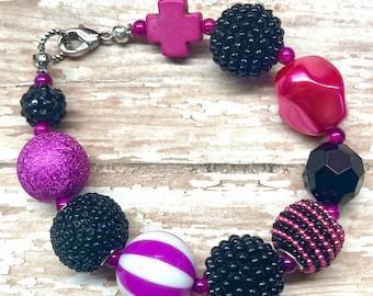 Beaded bundle bracelets, hot pink assorted beaded bracelets with black, black and pink cluster bracelets, boho chunky bracelets, readytoship