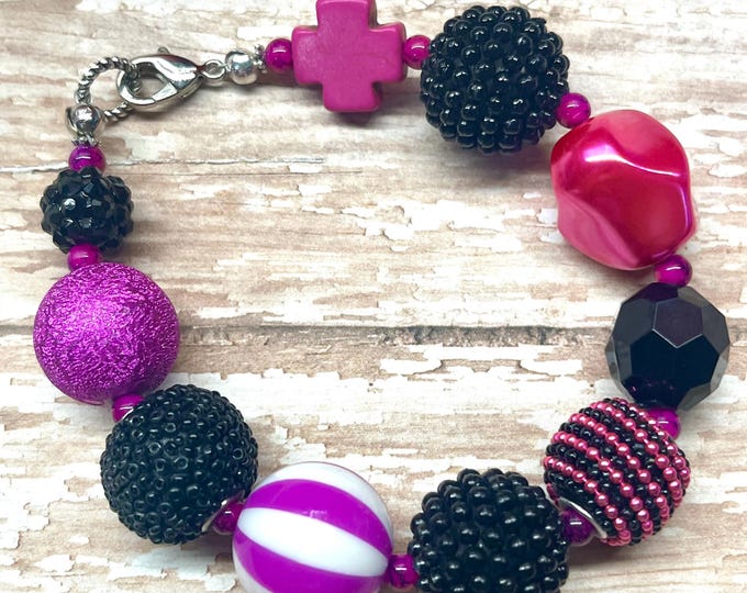 Beaded bundle bracelets, hot pink assorted beaded bracelets with black, black and pink cluster bracelets, boho chunky bracelets, readytoship